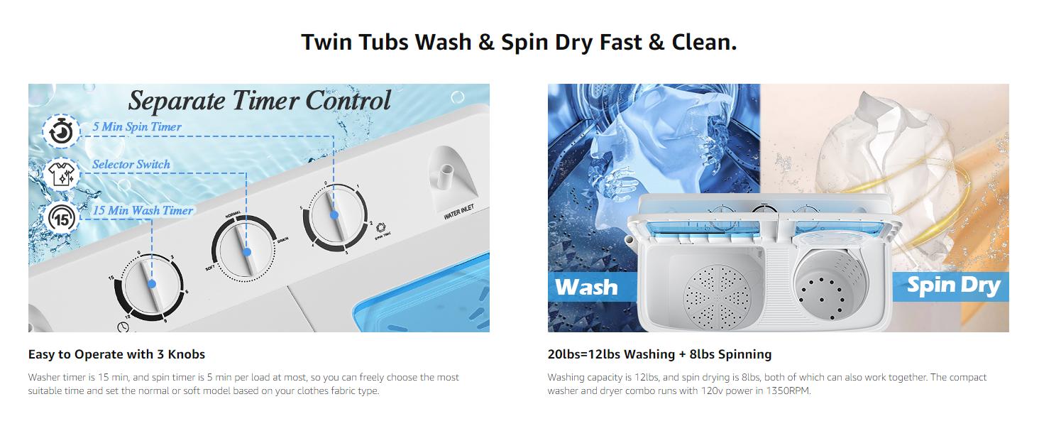 COSTWAY Portable Washing Machine, 13/20/26lbs Mini Twin Tub Washing Machine w/Drain Pump, Semi Automatic Compact Washer & Sipnner, Portable Washer Dryer Combo for Apartments Dorms RV Camping COSTWAY Portable Washing Machine, 13/20/26lbs Mini Twin Tub Washing Machine w/Drain Pump, Semi Automatic Compact Washer & Sipnner, Portable Washer Dryer Combo for Apartments Dorms RV Camping