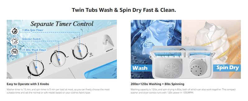 COSTWAY Portable Washing Machine, 13/20/22/26lbs Mini Twin Tub Washing Machine w/Drain Pump, Semi Automatic Compact Washer & Sipnner, Portable Washer Dryer Combo for Apartments Dorms RV Camping