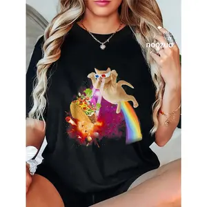 100% Cotton Funny Space Cat Laser Taco Galaxy Kitten Rainbow Cat T-Shirt