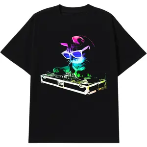 Neon DJ Cat Graphic Tee for Men - Funny Oversized T-Shirt for Streetwear, Parties & Y2K Outfits Casual Cotton
