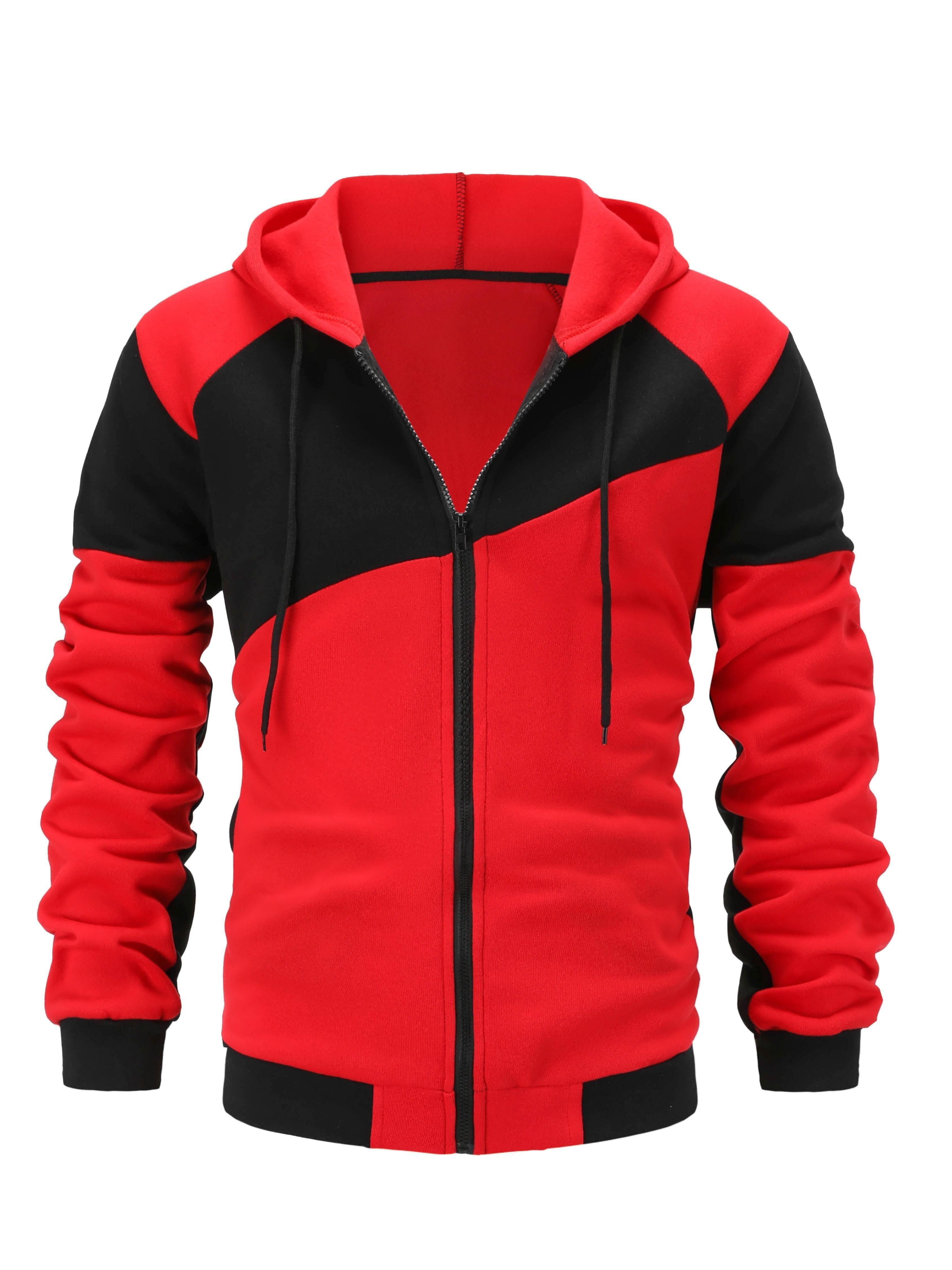 Fashionable Men's Color Block Hooded Sports Set – Zippered 2-Piece Casual Sportswear, Suitable for Everyday Wear