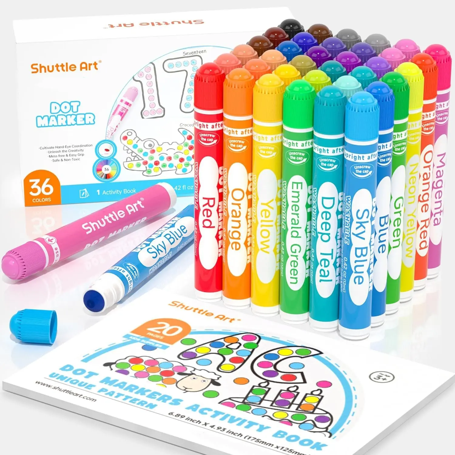 Shuttle Art Washable Dot Markers with Free Activity Book, Fun Art Supplies for Preschoolers, Non Toxic Water-Based Paint Daubers, Dot Art Markers