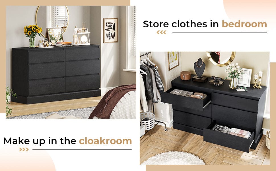 51.5 Inches Wide Dresser with 6 Drawers Black