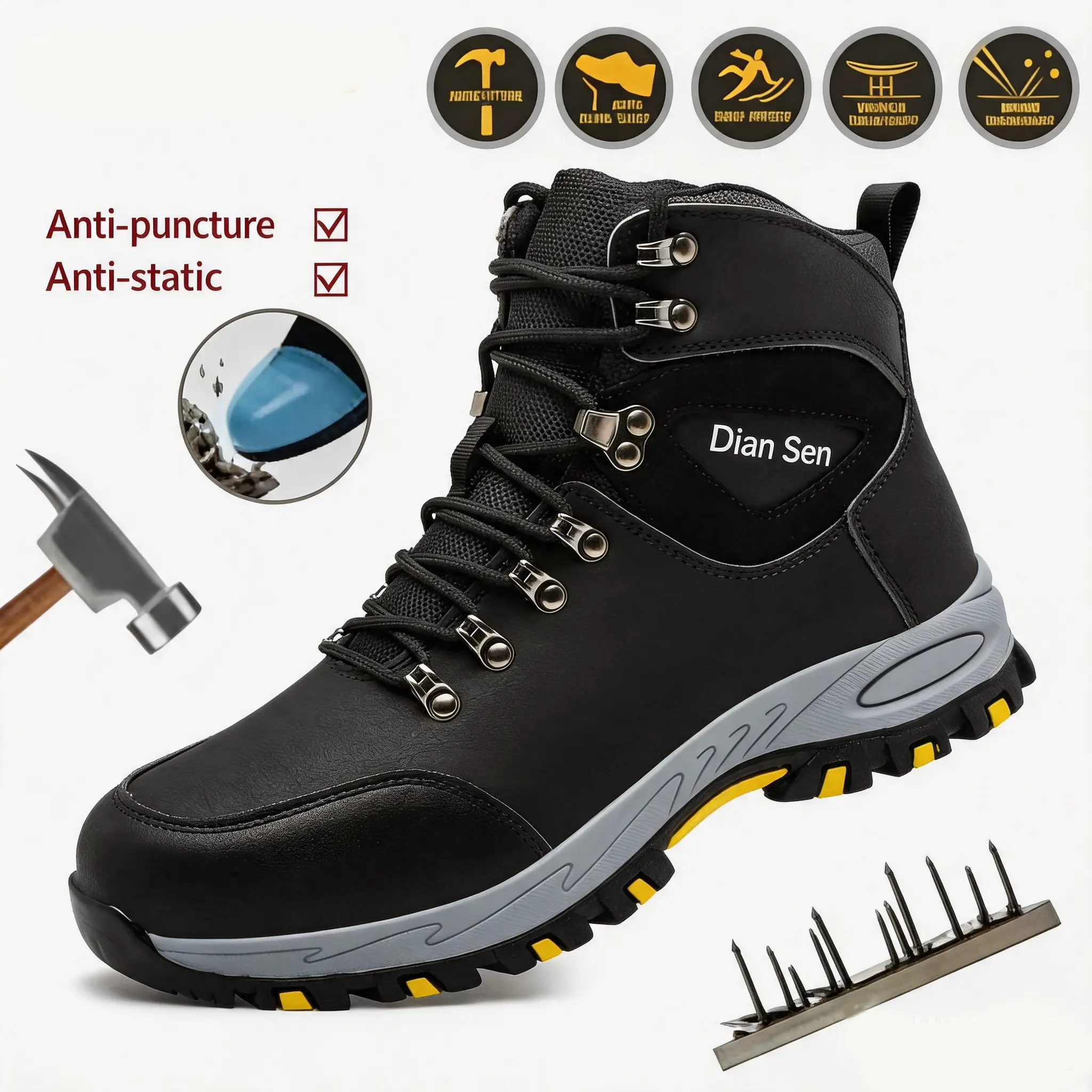 Men's Safety Work Boots Steel Toe Wear-resistant Anti-smash Shoes Casual Heavy-duty Puncture-proof Comfortable Safety Shoes Outdoor Warehouse Protective Shoes