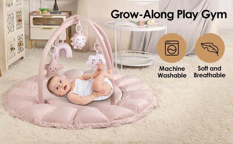 5-in-1 Convertible Baby Gym Play Mat with Hanging Toys, Soft Padded Baby Lounger & Ball Pit, Plush Tummy Time Mat for Newborns to Toddlers, Machine Washable, Gray/pink