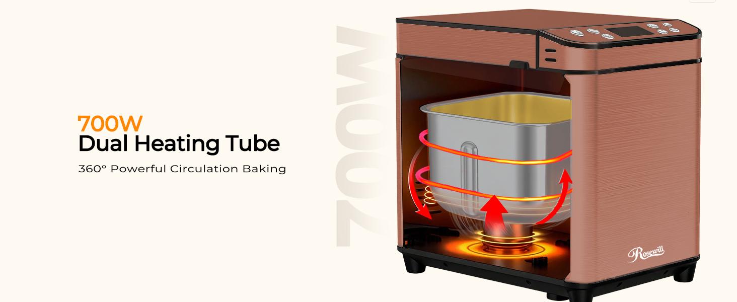 Rosewill 25-in-1 Automatic Bread Maker Machine with 3 Loaf Size up to 2LB, 700W High Power Dual Heater Bread Maker with BPA-free Nonstick Coating Pan, Max 15 Hours Delay Timer, Low Noise - Cinnamon