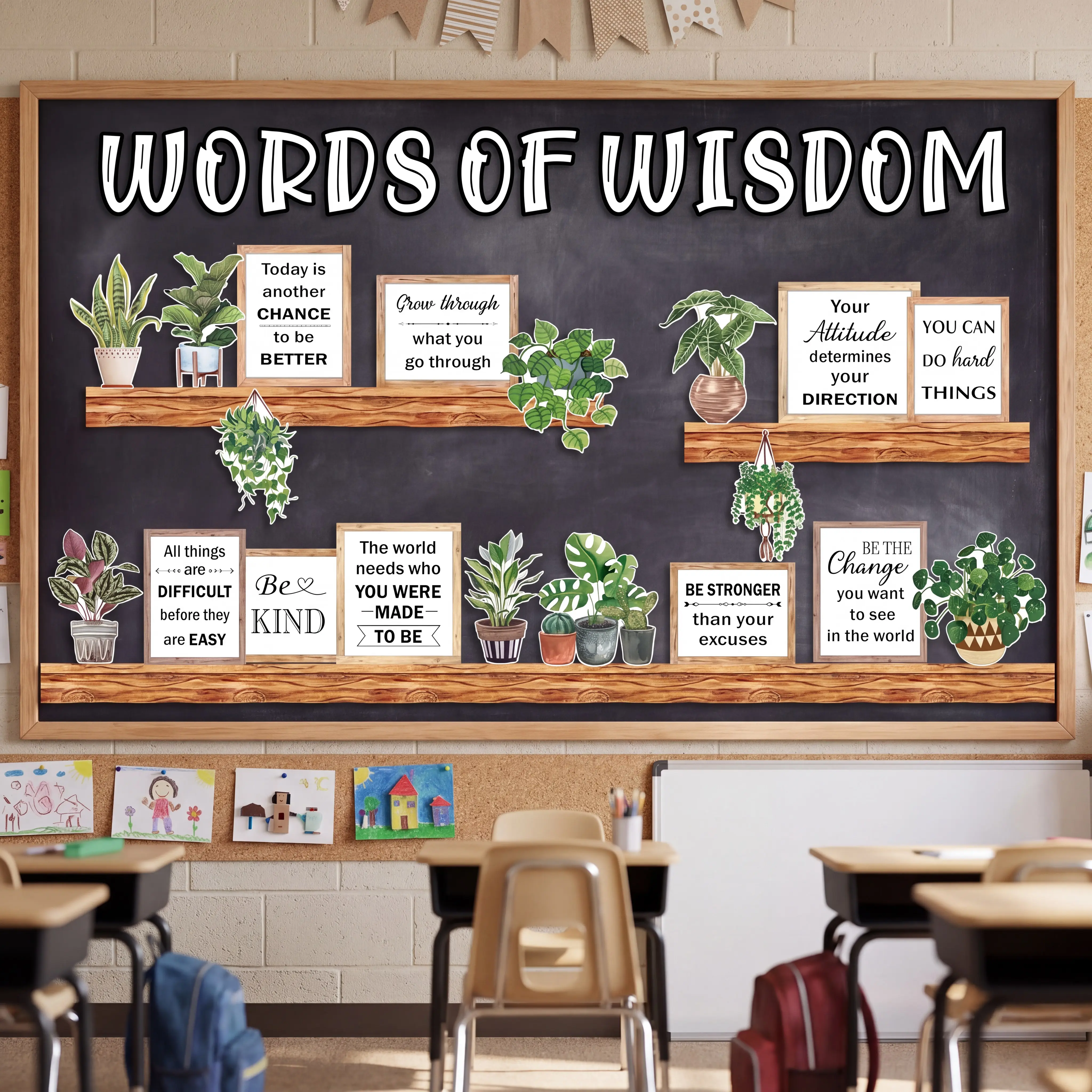 Gejoy Pre-Cut Classroom Bulletin Board Set Back to School 2026 Ready to Use Growth Mindset Positive Affirmations Aesthetic Decor, Cute Plant Bookshelf Reading Nook Wall Decor for Teachers, Year Round,back to school