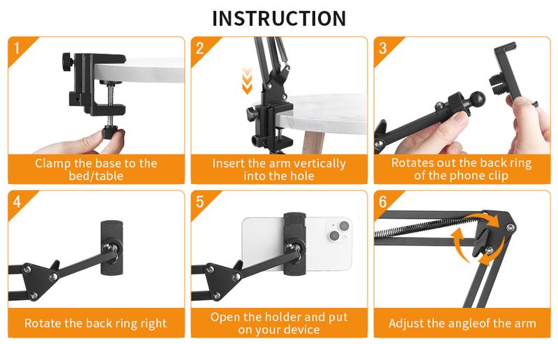 UGIFT Adjustable Bed Phone Holder with Long Arm Clip - Metal Stand for Phones & Tablets - Easy Installation & Stable Viewing Angle