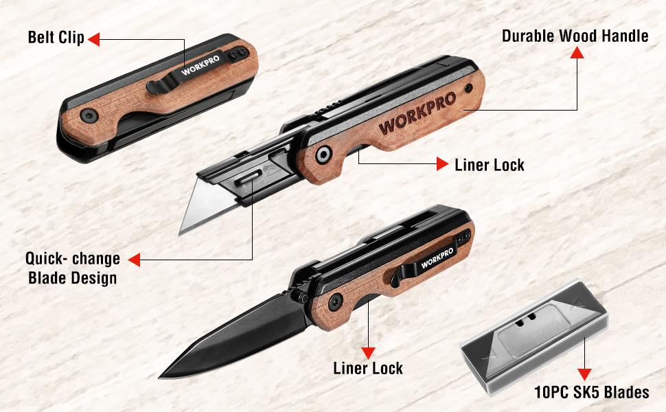 WORKPRO 2-in-1 Folding Knife/Utility Knife - Gifts for Dad, Quick-Change Box Cutter with Belt Clip and Liner Lock, Extra 10 SK5 Blades Included WORKPRO 2-in-1 Folding Knife/Utility Knife - Gifts for Dad, Quick-Change Box Cutter with Belt Clip and Liner Lock, Extra 10 SK5 Blades Included