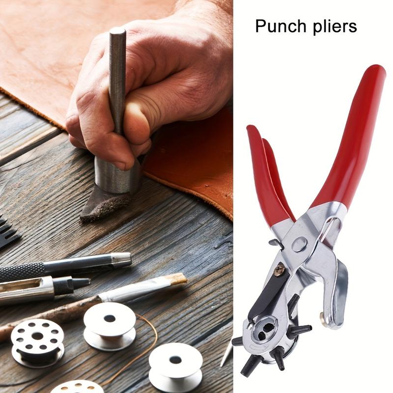 1pc Manual Rotary Belt Punch Perforator - Adjustable Multi-Functional Eye Punch Tool with Ergonomic Red Handles for Sewing, Bag Setting, Watch Belt & Faux Leather Crafting - Belt Punch Hole Tool, Sewing Accessory