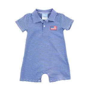 Patriotic Spirit Blue Stripe Polo Romper - Soft Knit 4th of July Outfit for Little Boys