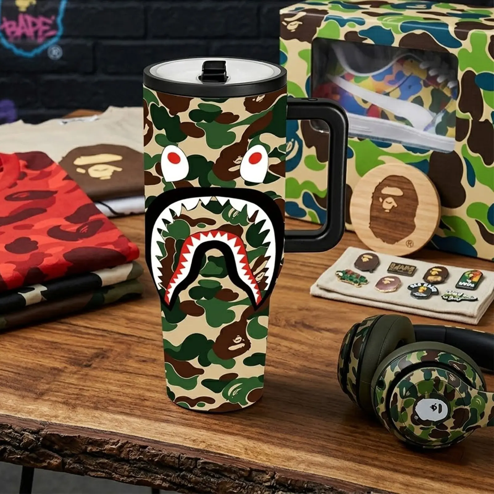 1 Pc 40oz BAPE Camo Shark Insulated Tumbler, Leakproof Tumbler, Mug, Flasks with Handle, Double Wall, Leak-Proof Lid, Keeps Drinks Hot for 12 Hours, Cold for 24 Hours, Perfect for Office, Gym, Travel, Ideal Gift for Men, Streetwear Fans, BAPE Collectors