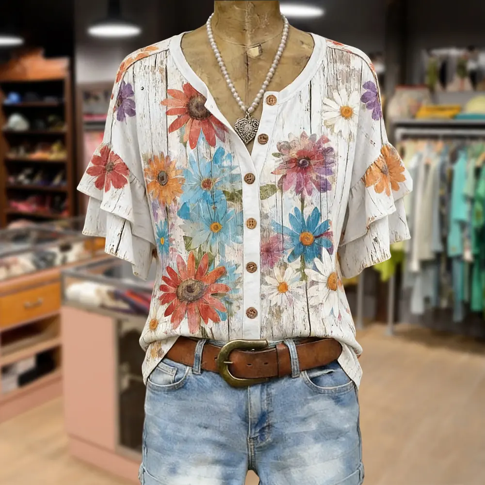 Cherrybetty 100%Cotton Vintage Distressed Flower Print Ruffle Sleeve Top Womenswear Shirts Summer Tops Cute Tops Plus Size Fashion Blouse Women's Tops Womens Summer Clothing