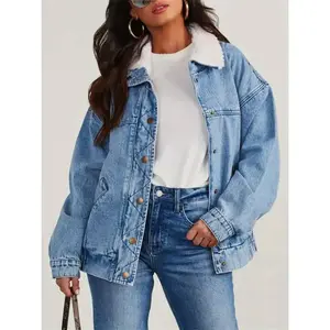 Soft Touch, Cozy Fleece-Lined Denim Jacket for Women - Casual Long Sleeve, Button-Up Boyfriend Style with Pockets, Machine Washable Hit  Cropped Trench Coat Womenswear Blue Polyester