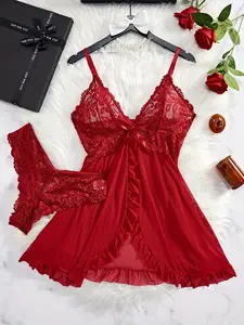 Women's Sexy Ruffle Trim Cami Nightdress & Bow Decor Panty Set, Comfortable Playful Floral Lace See Through Sleepwear Set, Lingerie, Floral Lace Trim Wedding Nightgown  bow front panty set