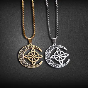 AW Stainless Steel Celtic Trinity Knot Pendant Necklace with Irish Moon Design Y2K Style Unisex Jewelry for Daily Wear Anniversaries Parties