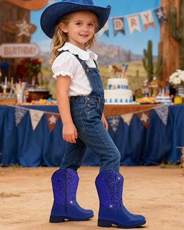 Sparkly Girls Cowgirl Boots Glitter Cowboy Dress Boots for Little to Big Kid Mid Calf Round Toe Birthday Horse Riding Pu Handles Celebrations