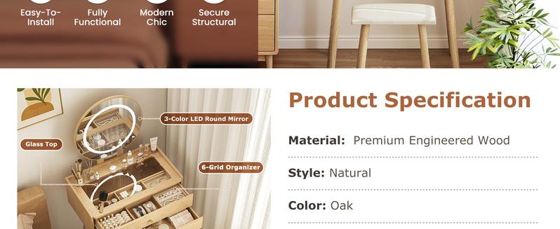 Small Wood Vanity Desk with Mirror & Lights Space-Saving Makeup Table with Drawers Adjustable Brightness Elegant Functional Vanity for Narrow Spaces