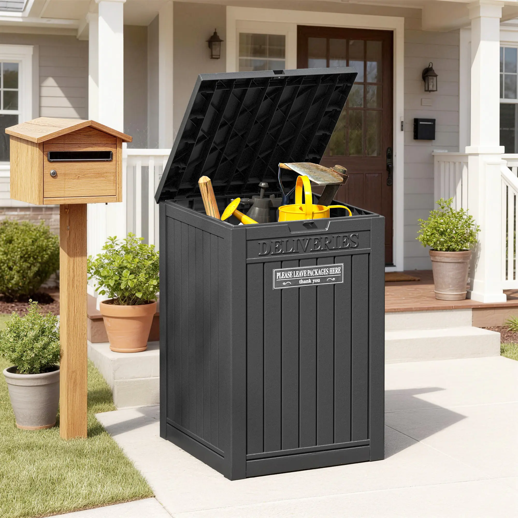 48-Gallon Outdoor Parcel Drop Box, Lockable Secure Storage Box, Outdoor Resin Parcel Drop Box, Waterproof Design, Suitable for Backyards, Gardens, Patios, and Lawns, Black,  Summervibes.
