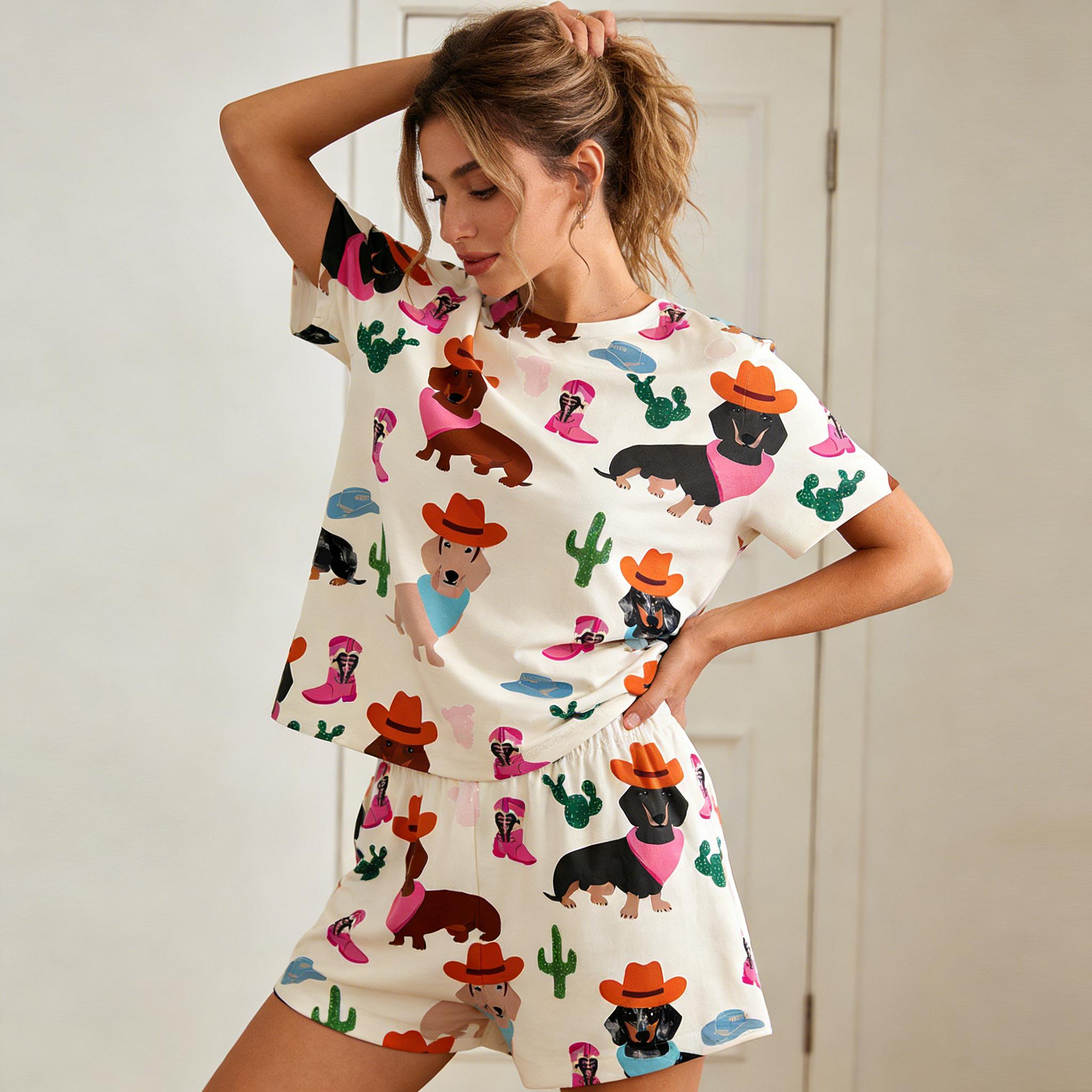 Women's Cartoon Dog Print Flannel Pajama Set, Soft & Breathable Two-Piece Sleepwear, Cute Long Sleeve Top & Elastic Waist Pants, Cozy Home Loungewear for All Seasons Womenswear Women's Cartoon Dog Print Flannel Pajama Set, Soft & Breathable Two-Piece Sleepwear, Cute Long Sleeve Top & Elastic Waist Pants, Cozy Home Loungewear for All Seasons Womenswear