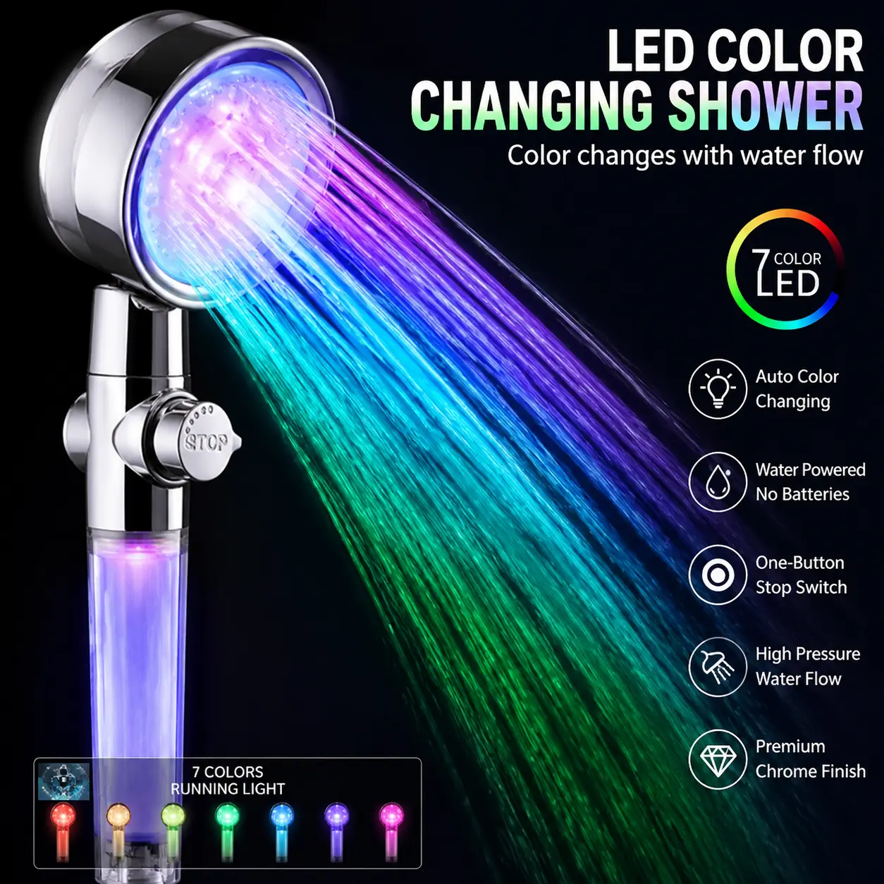7 Color LED Shower Head with Filter – Water Powered High Pressure Handheld Shower Head, Self-Powered Color Changing Lights, Water Purifying Filter System, One Button Stop Switch, Chrome Finish