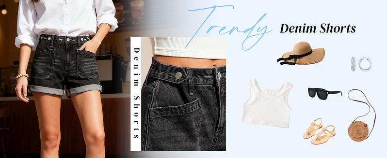 EMMIOL Women Jeans Shorts Summer Mid Rise Sexy Stretchy Denim Hot Pants with Adjustable Waist Trendy