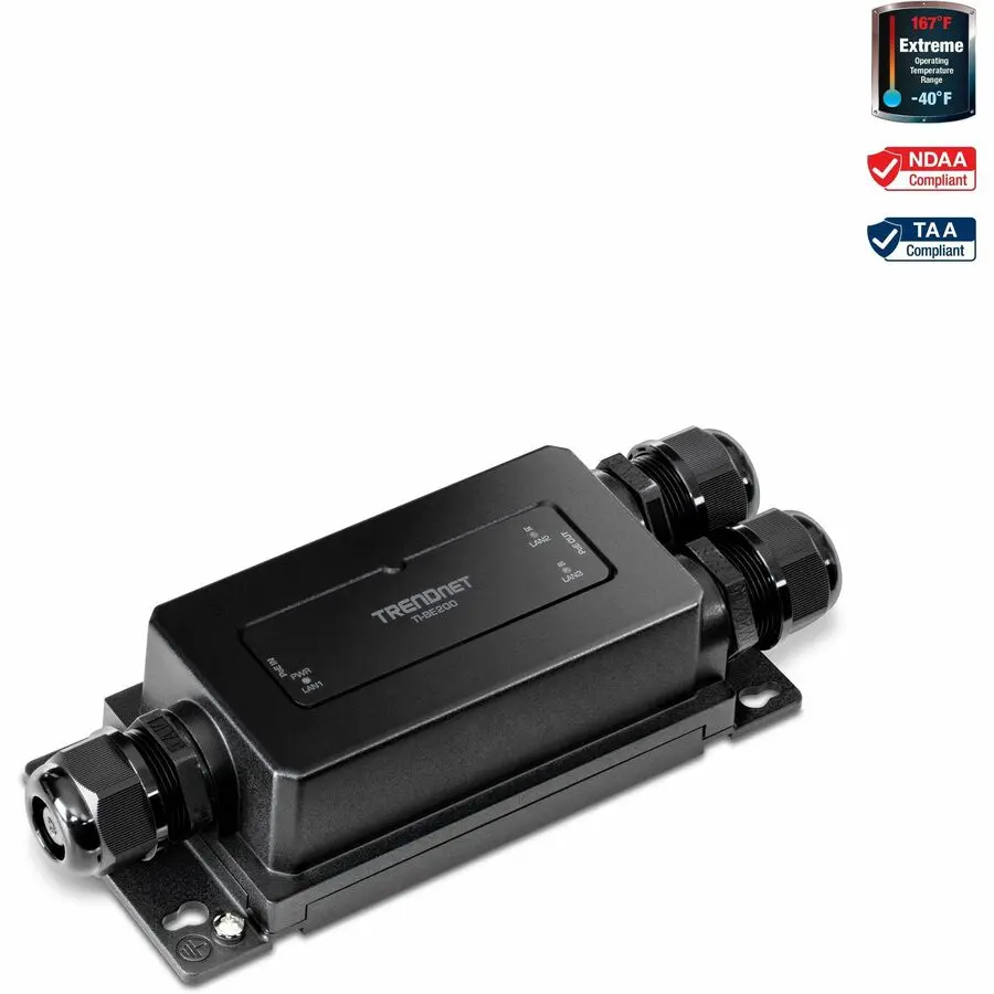 TRENDnet 2-Port Industrial Outdoor Gigabit PoE++ Extender, Hardened IP67 Rating Housing, Extreme Temperature Rated, Extends Connection up to 200m/656ft for 2 Devices, Black TI-BE200, Industrial Users