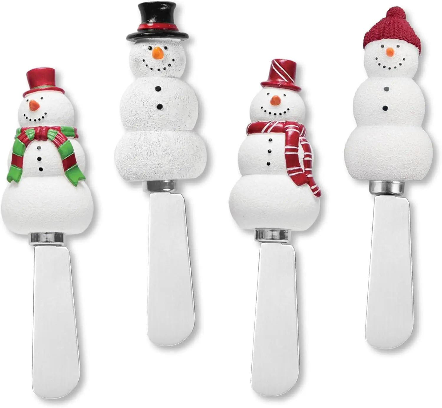 Supreme HousewaresSnowmen Cheese Spreaders, Hand-Painted Resin Handles with Stainless Steel Blades for Spreading Cream Cheese, Butter, and Jam, Assorted Designs, Set of 4
