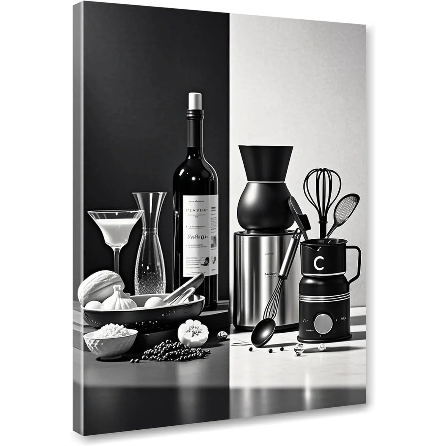 12x16 in Decorative Pine Wood Framed Black and White Wall Art Poster Print - Wine Bottle & Kitchen Utensils Design, Ready to Hang for Home Decorators, Home Decor for Dining Room