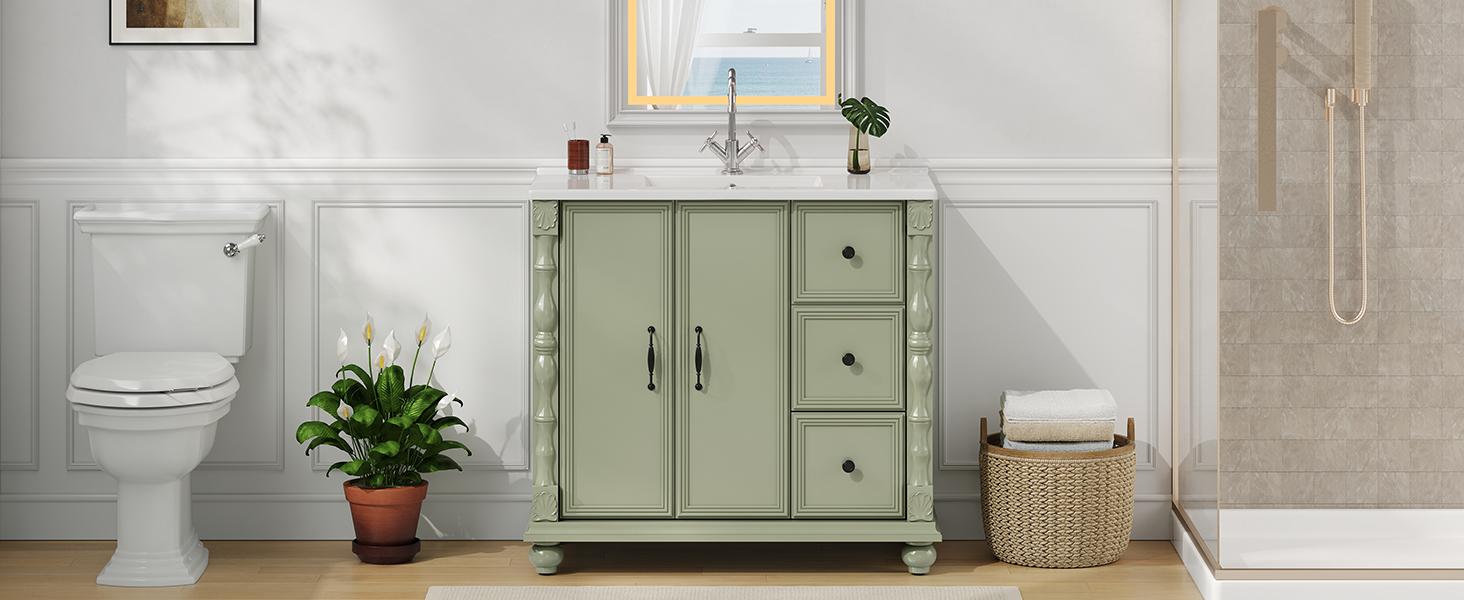 【SPOTLIGHT DAY】ONBRILL Modern 36-inch Bathroom Vanity with Integrated Ceramic Sink 4 Solid Wood Legs 2 Drawers 2 Doors Freestanding Storage Cabinet for Farmhouse Rustic Minimalist Homes