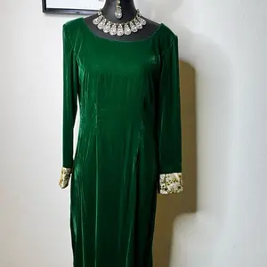 Green Velvet Traditional Dress with Gold Accents