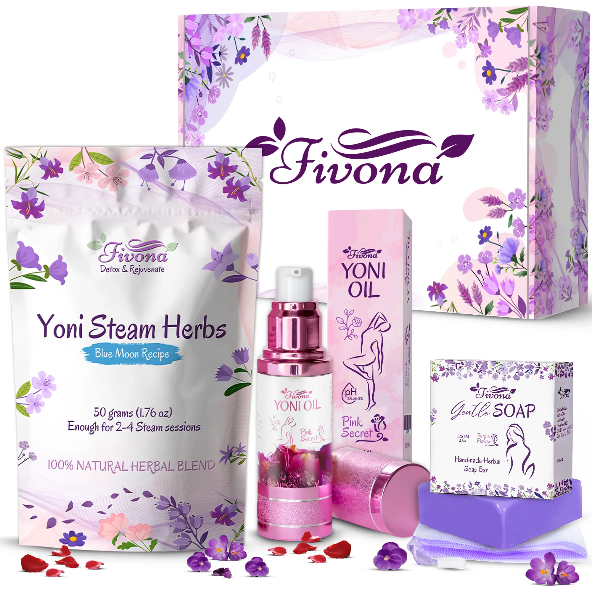 FIVONA 3-in-1 Yoni Care Kit - Lightweight Daily Calming Gentle Mild All-Natural Herbal Gift Bundle, Feminine Self-Care Set with Yoni Steaming Blend, Oil, Soap for Intimate Hygiene
