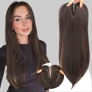 Dark Brown with Caramel Highlights Synthetic Hair Toppers for Women with Thinning 3D 360° Cover Clip in Wispy Bangs Upgraded Adjustable Bandage 24 Inch Long Layered