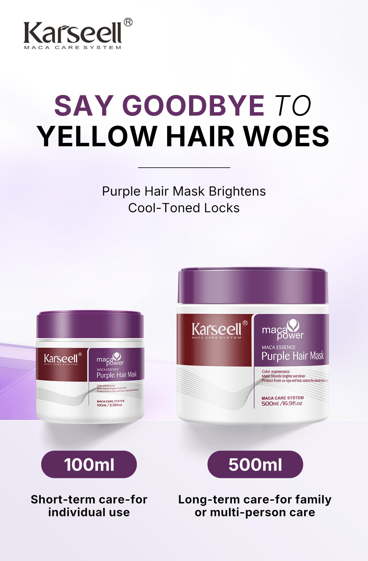 Karseell Maca Energy Purple Jar Hair Mask effectively neutralizes the brassy and yellow tones in blonde, silver, and gray highlights. Available in 100ml and 500ml sizes.