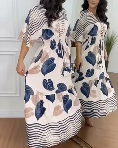 ChicMe Women's Tropical Leaves Print V-Neck Batwing Sleeve Shirred Waist Ruffle Hem Dress Casual Striped Spliced Tie Front Cinched Waist Vacation Dress