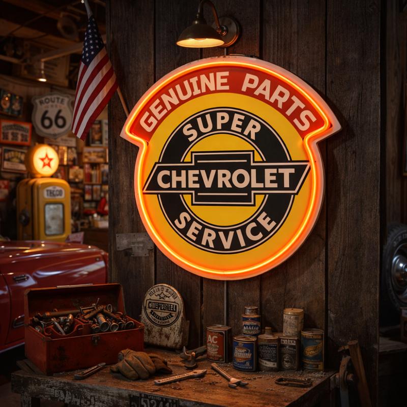 Chevrolet Genuine Parts Super Service LED Plaque Sign – Vintage Garage Neon Style Wall Decor, Red-Orange LED Accent, 16"