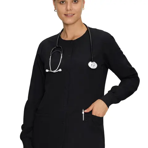 COZYFIT Women's Scrub Jacket - Snap Front Nurse Workwear with 3 Pockets, Easy-Care Soft Fabric for Summer Vibes, Black Lady Clothes, Women's Scrubs