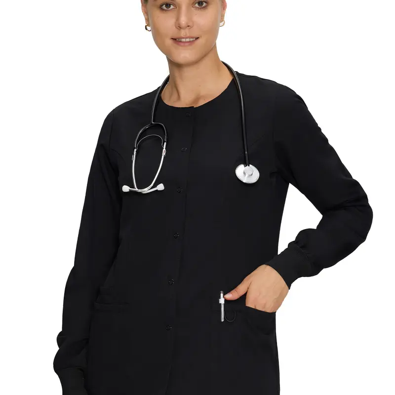 COZYFIT Women's Scrub Jacket - Snap Front Nurse Workwear with 3 Pockets, Easy-Care Soft Fabric for Summer Vibes, Black Lady Clothes, Women's Scrubs