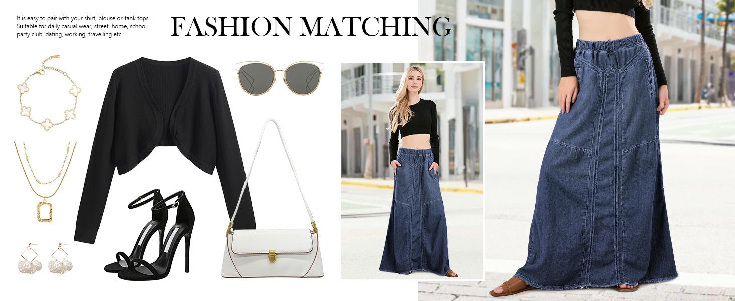 Ebossy Women's Denim Maxi Skirt with Pockets Elastic High Waist Frayed Hem A-Line Flowy Jean Skirt for Casual Wear Ebossy Women's Denim Maxi Skirt with Pockets Elastic High Waist Frayed Hem A-Line Flowy Jean Skirt for Casual Wear