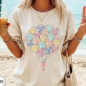 Coquette Bow Balloons Mickey Head Watercolor Comfort Color/Gildan, Magic Kingdom Balloons Tee, Magic Kingdom Family Matching Shirt, WDW Vacation Trip Shirt