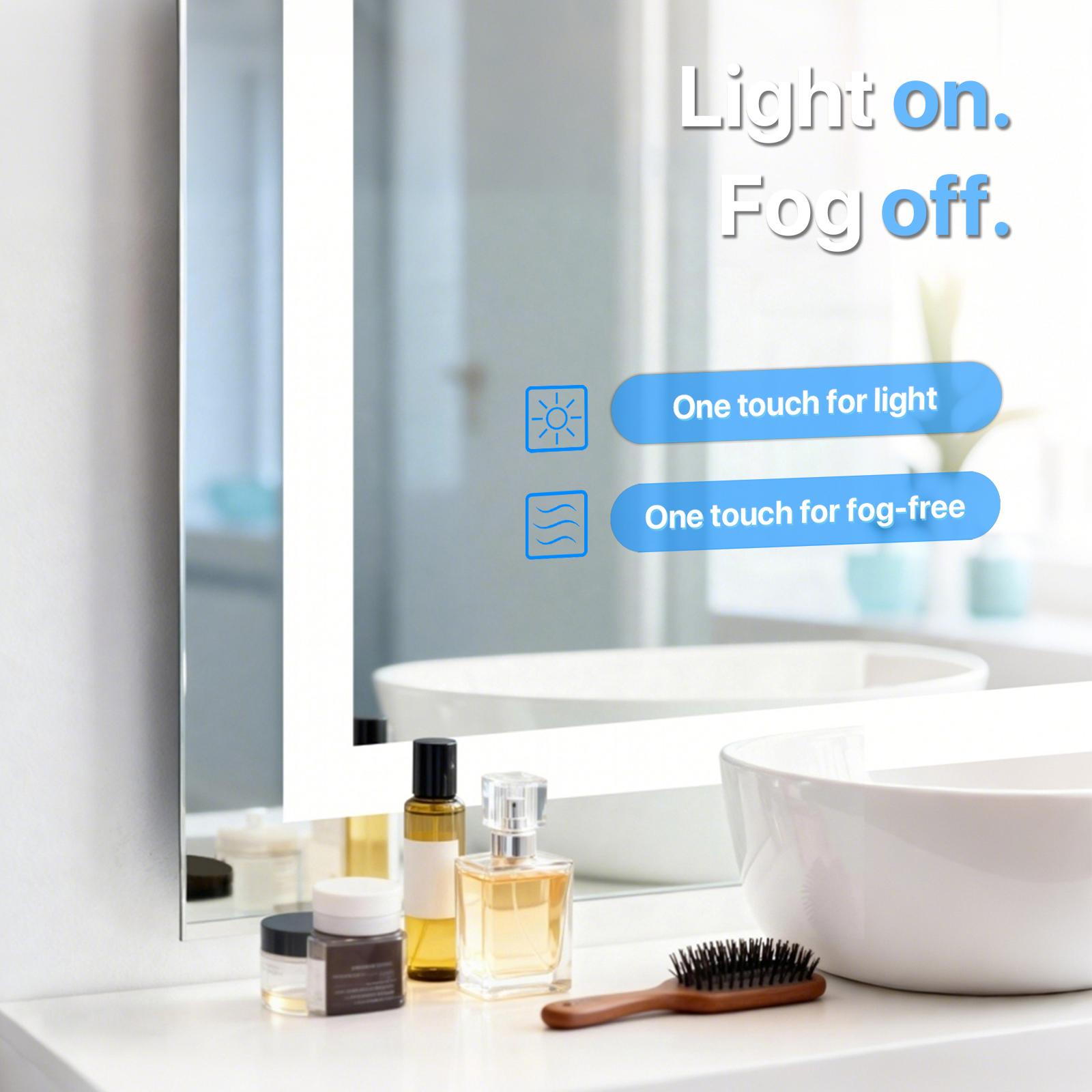 Glitgate LED Bathroom Vanity Mirror with Tempered Glass with Microwave Radar & Smart Touch Sensor, Defogger, Wall-Mounted for Home Decor - Horizontal/Vertical Installation Suitable for Dressers, Bathroom, or Hallways