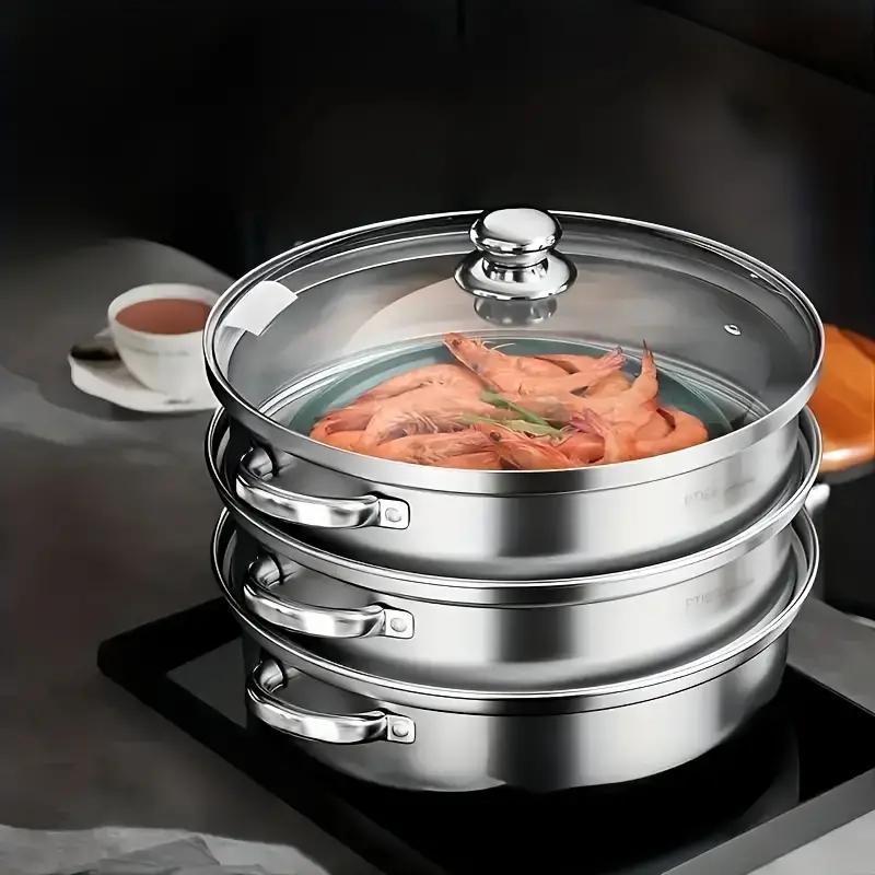 3-Piece Stainless Steel Steamer Set: Double-Eared, Metal Steam Baskets. Handles for Easy Use. Ideal for Cooking and Steaming.