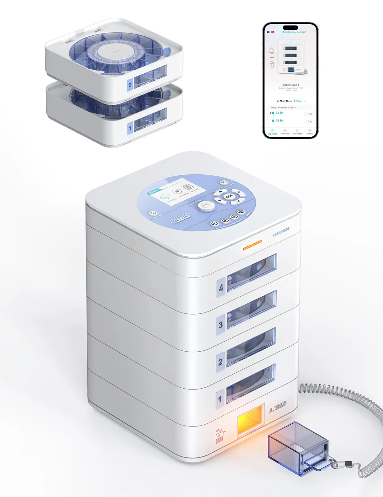 56-Day Automatic Pill Dispenser – App & On-Device Setup by Family, LCD Display, Digital Lock, Sound & Light Alerts – Safe Medication Organizer Management for Seniors (4-Tray, White)