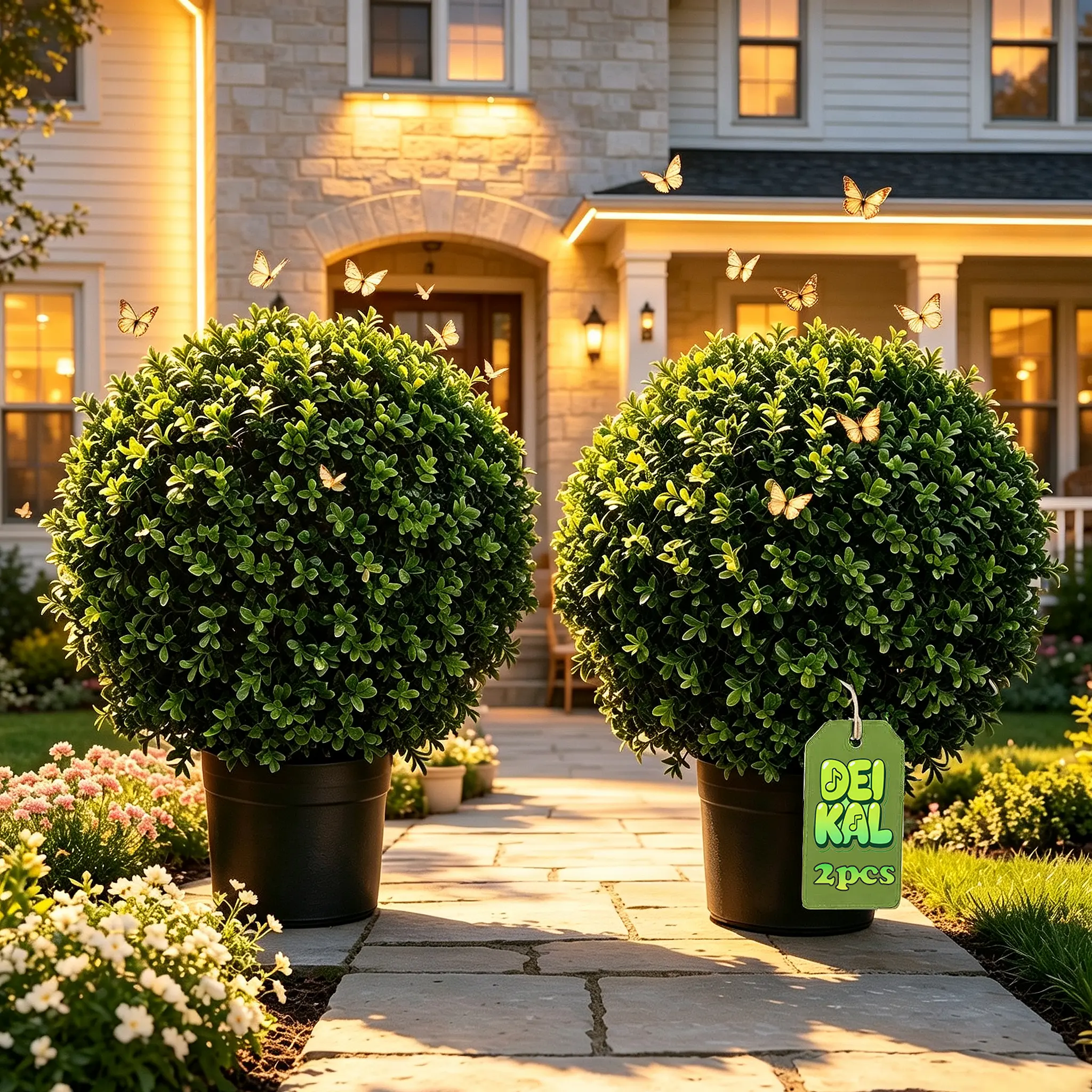 Set of 2 Artificial Boxwood Topiary Ball Trees, 24" Tall UV Protected Fake Bushes, Weather Resistant Artificial Shrubs for Indoor, Front Porch & Garden Outdoor Decor,dorm decor,dorm room decor