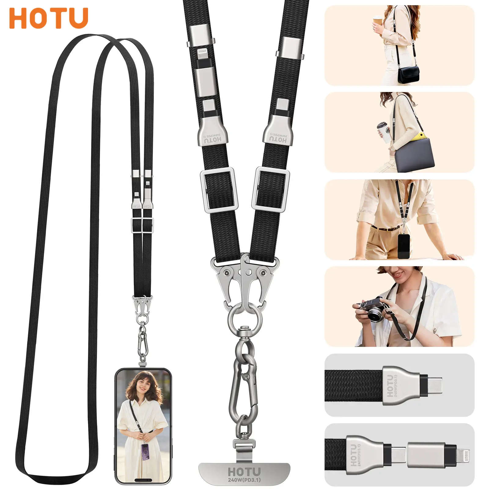 HOTU 240W PD 2-in-1 Multi-Functional Wearable Charging Lanyard - Hidden Adjustable Crossbody/Necklace Strap Cable，USB-C to C with Lightning Adapter, Data Sync 480Mbps, Max 20KG Load for iPhone/Android/Camera/Mac Smartphone Alloy Durable Electronic tiktoks