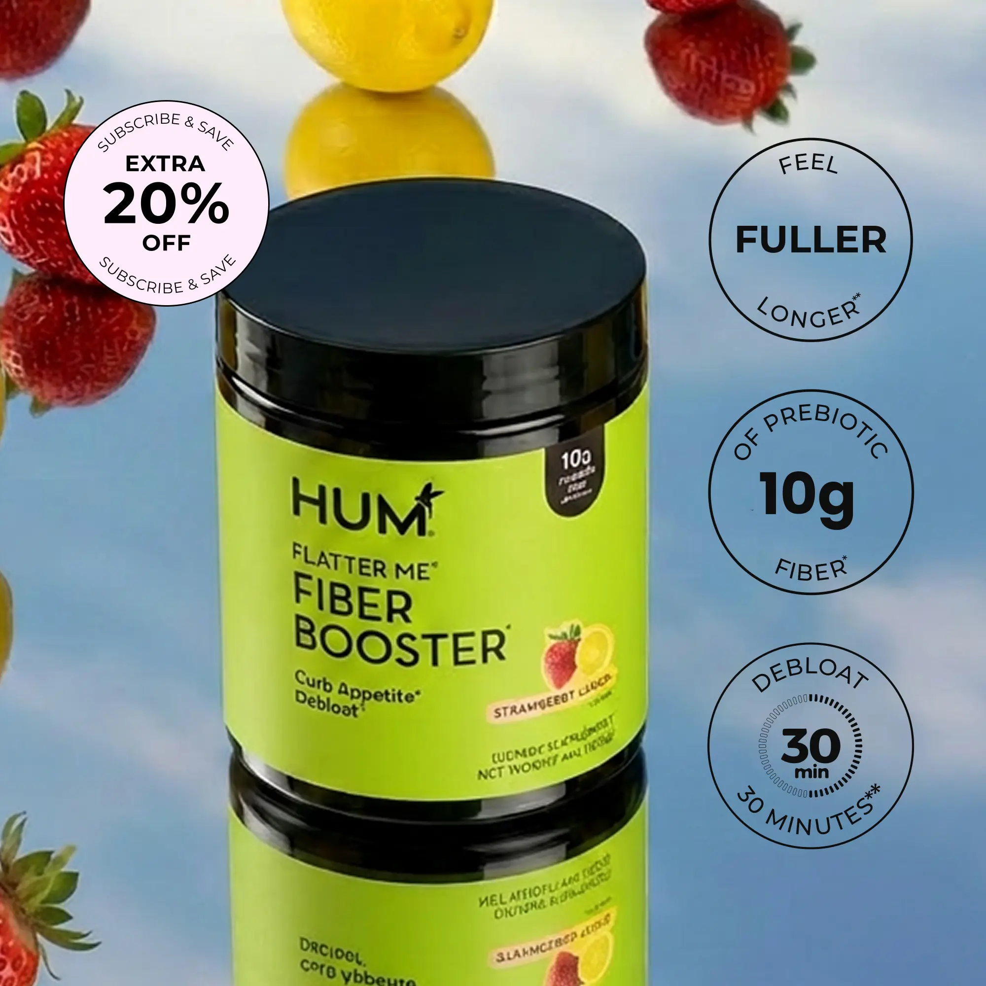 HUM Flatter Me Fiber Booster - Daily Prebiotic Fiber Supplement with Digestive Enzymes & Botanical Blend - Non-GMO, No Artificial Colors or Sweeteners - Wellness Routine Support