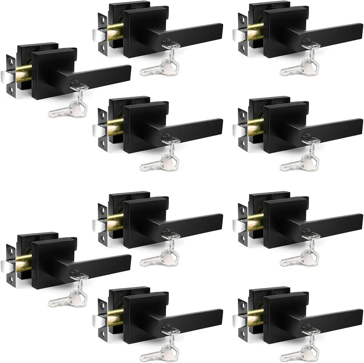 Matte Black Door Handles 6/10-Pack, Keyed Entry Interior Door Knobs(Same Key), Zinc Alloy Heavy Duty Lever Handle(2.2lb), Fits Standard Doors 1-3/8" to 1-3/4" for Bedroom Bathroom