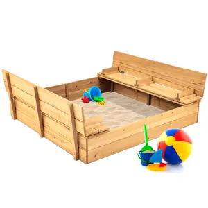 Best Choice Products 47x47-Inch Kids Wooden Outdoor Sandbox w/ 2 Foldable Bench Seats, Sand Protection, Liner
