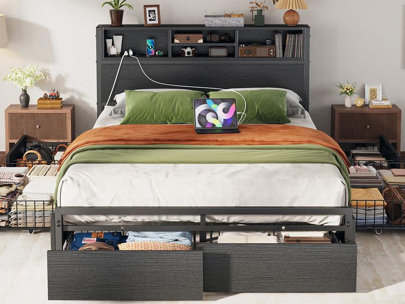 Raybee 6 Drawers Wood Bed Frames for King Queen Full, Luxury Platform Bed Frame with Storage Head Board & Build-in Power Outlet, Holds up to 1000lbs with Metal Frame & Slats, Noise Free, Space Saving for Bedroom