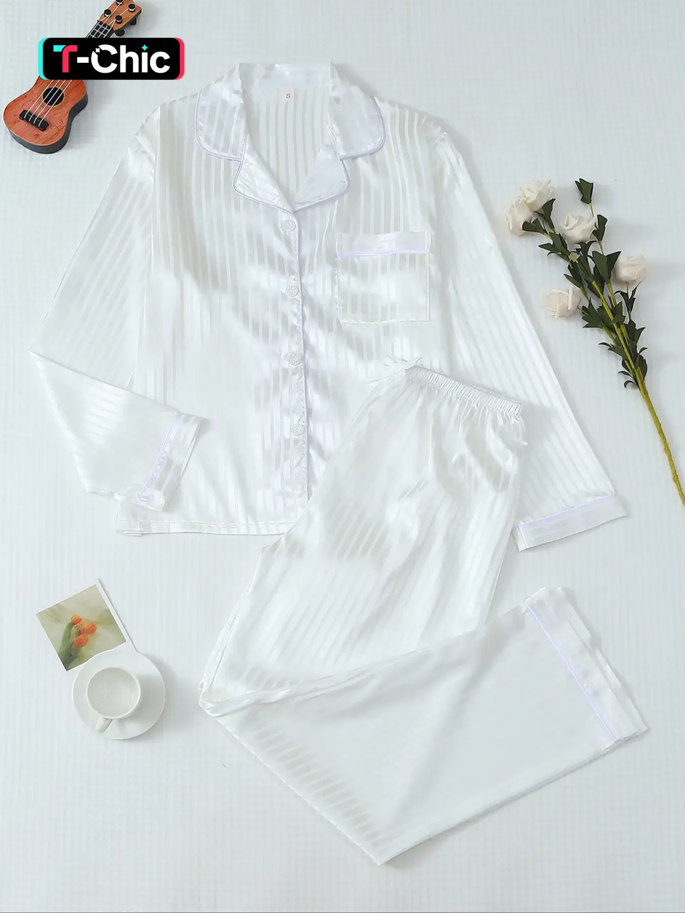 Women's Plain Sleepwear Set Loungewear Long Sleeve Button Front Shirt & Pants, Casual Loose Fit Pajamas for All Seasons, Home Wear